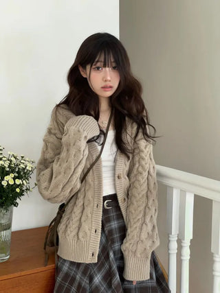Misty loose fit thick twisted cable button V-neck loose fit knit long cardigan CD