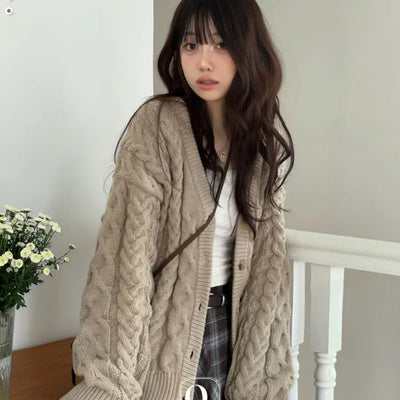 Misty loose fit thick twisted cable button V-neck loose fit knit long cardigan CD