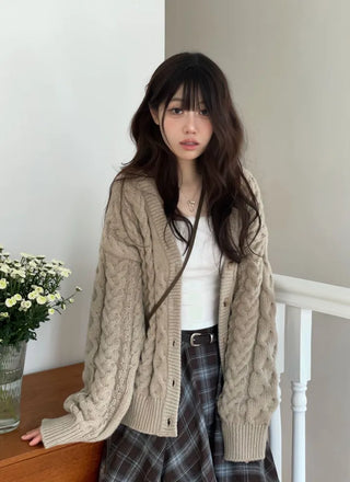 Misty loose fit thick twisted cable button V-neck loose fit knit long cardigan CD