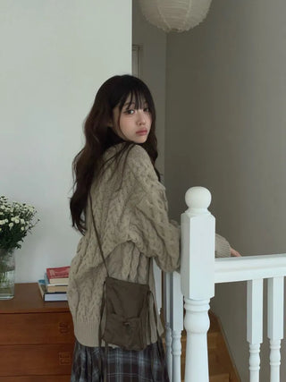 Misty loose fit thick twisted cable button V-neck loose fit knit long cardigan CD