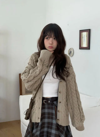 Misty loose fit thick twisted cable button V-neck loose fit knit long cardigan CD