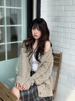 Misty loose fit thick twisted cable button V-neck loose fit knit long cardigan CD