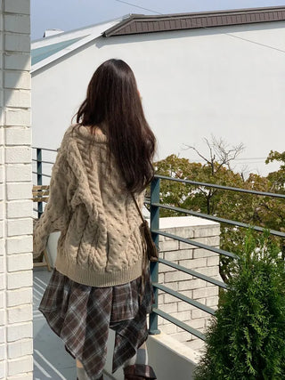 Misty loose fit thick twisted cable button V-neck loose fit knit long cardigan CD