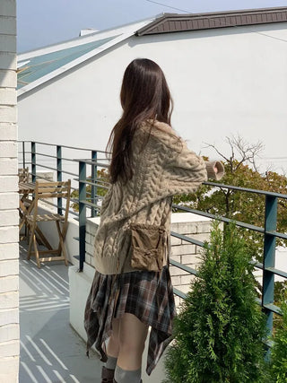 Misty loose fit thick twisted cable button V-neck loose fit knit long cardigan CD