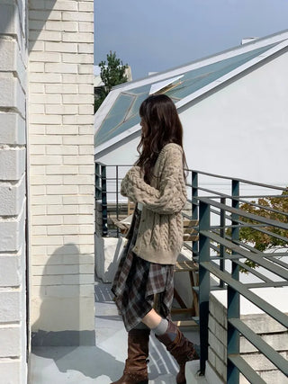 Misty loose fit thick twisted cable button V-neck loose fit knit long cardigan CD