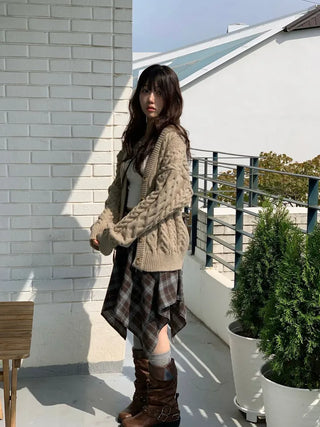Misty loose fit thick twisted cable button V-neck loose fit knit long cardigan CD