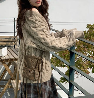 Misty loose fit thick twisted cable button V-neck loose fit knit long cardigan CD