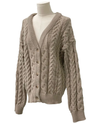 Misty loose fit thick twisted cable button V-neck loose fit knit long cardigan CD