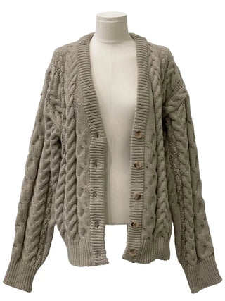 Misty loose fit thick twisted cable button V-neck loose fit knit long cardigan CD