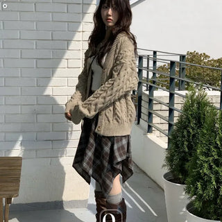 Misty loose fit thick twisted cable button V-neck loose fit knit long cardigan CD