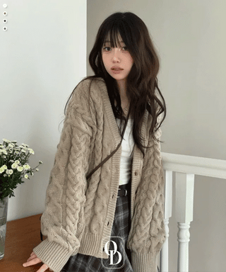 Misty loose fit thick twisted cable button V-neck loose fit knit long cardigan CD