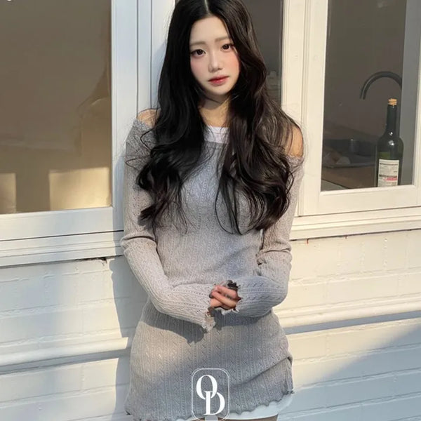 Dain Vintage Slim Fit Wave Punching Knit Mini Dress in