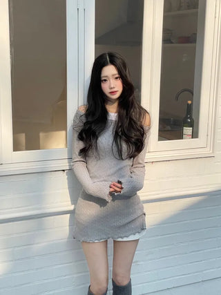 Dain Vintage Slim Fit Wave Punching Knit Mini Dress in