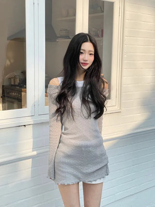 Dain Vintage Slim Fit Wave Punching Knit Mini Dress in