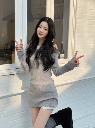 Dain Vintage Slim Fit Wave Punching Knit Mini Dress in