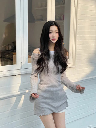 Dain Vintage Slim Fit Wave Punching Knit Mini Dress in