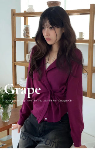 Grape wrap button long sleeve daily two-way loose fit knit cardigan CD