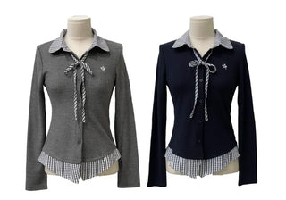 Consumption embroidered layered check color-block ribbon shirt, ribbed cardigan,