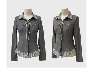 Consumption embroidered layered check color-block ribbon shirt, ribbed cardigan,