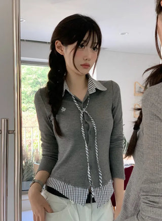 Consumption embroidered layered check color-block ribbon shirt, ribbed cardigan,