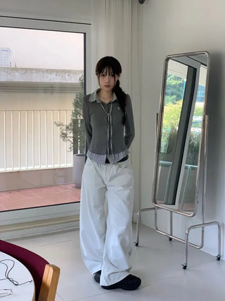 Consumption embroidered layered check color-block ribbon shirt, ribbed cardigan,