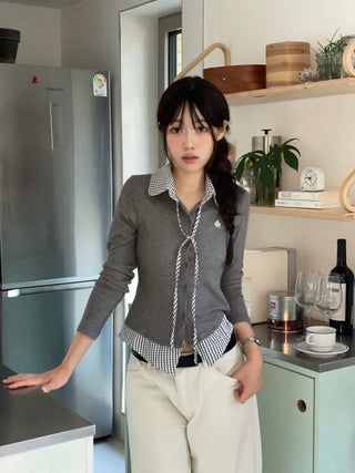Consumption embroidered layered check color-block ribbon shirt, ribbed cardigan,