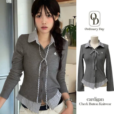 Consumption embroidered layered check color-block ribbon shirt, ribbed cardigan,