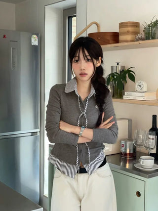 Consumption embroidered layered check color-block ribbon shirt, ribbed cardigan,
