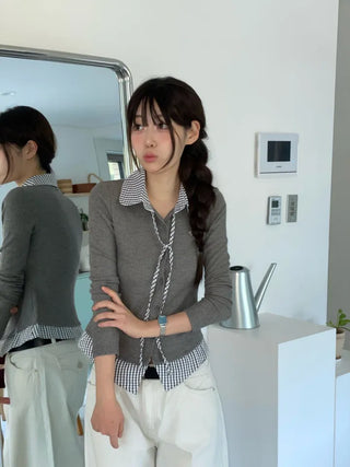 Consumption embroidered layered check color-block ribbon shirt, ribbed cardigan,