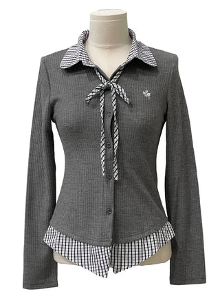 Consumption embroidered layered check color-block ribbon shirt, ribbed cardigan,