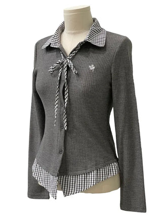 Consumption embroidered layered check color-block ribbon shirt, ribbed cardigan,