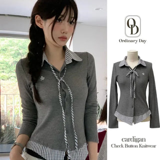 Consumption embroidered layered check color-block ribbon shirt, ribbed cardigan,