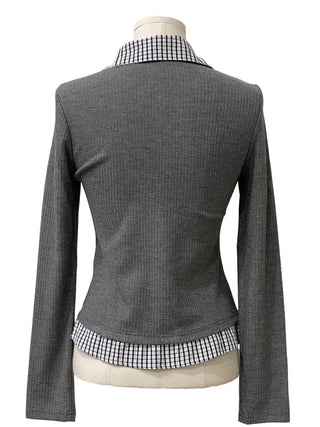 Consumption embroidered layered check color-block ribbon shirt, ribbed cardigan,