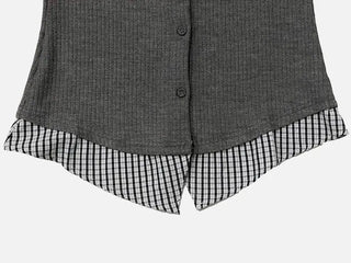Consumption embroidered layered check color-block ribbon shirt, ribbed cardigan,