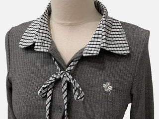 Consumption embroidered layered check color-block ribbon shirt, ribbed cardigan,