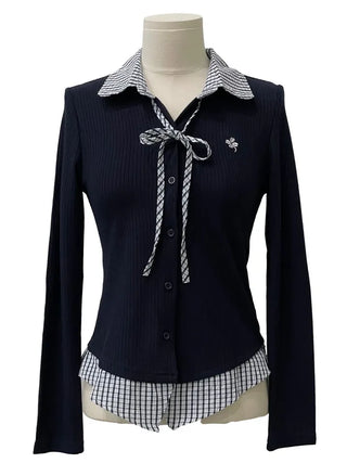 Consumption embroidered layered check color-block ribbon shirt, ribbed cardigan,