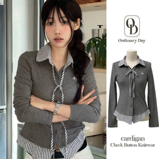 Consumption embroidered layered check color-block ribbon shirt, ribbed cardigan,