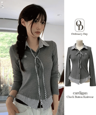 Consumption embroidered layered check color-block ribbon shirt, ribbed cardigan,