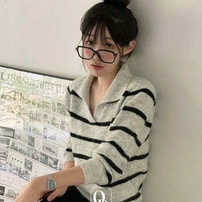 Cozy Cloud Color Block Stripe Long Sleeve Collar Neck Loose Fit Knit