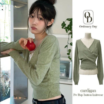 Hanabi Cashmere Slim Fit Button Wrap Wool Knit Cardigan