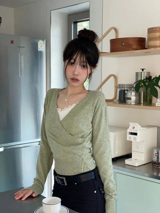 Hanabi Cashmere Slim Fit Button Wrap Wool Knit Cardigan