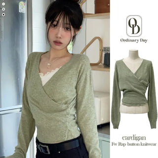 Hanabi Cashmere Slim Fit Button Wrap Wool Knit Cardigan