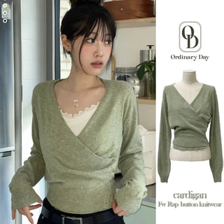 Hanabi Cashmere Slim Fit Button Wrap Wool Knit Cardigan
