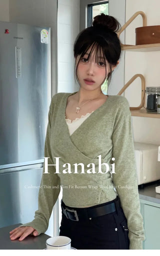 Hanabi Cashmere Slim Fit Button Wrap Wool Knit Cardigan