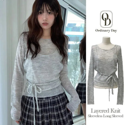 Rafen Yerifit Layered Ribbon Bustier Sleeveless Long Sleeve Wool Knit