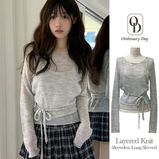Rafen Yerifit Layered Ribbon Bustier Sleeveless Long Sleeve Wool Knit