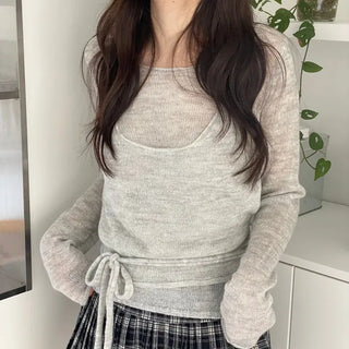 Rafen Yerifit Layered Ribbon Bustier Sleeveless Long Sleeve Wool Knit