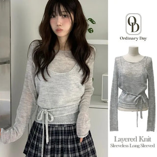 Rafen Yerifit Layered Ribbon Bustier Sleeveless Long Sleeve Wool Knit