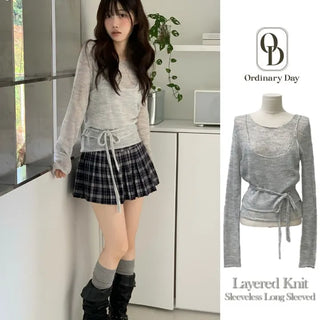 Rafen Yerifit Layered Ribbon Bustier Sleeveless Long Sleeve Wool Knit