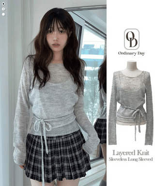 Rafen Yerifit Layered Ribbon Bustier Sleeveless Long Sleeve Wool Knit